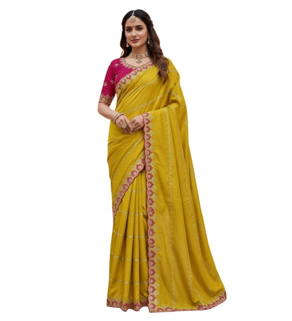 { "alt_text": "Yellow georgette embroidered saree with unstitched blouse, 5.5m, ethnic wear fashion" }