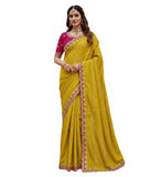 { "alt_text": "Yellow georgette embroidered saree with unstitched blouse, 5.5m, ethnic wear fashion" }