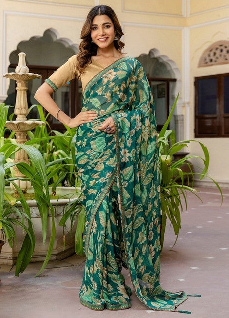 { "alt_text": "Green georgette saree floral printed women's ethnic wear, 5.5mtr georgette saree with unstitched blouse" }