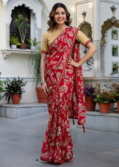 { "alt_text": "Red georgette saree with floral print, 5.5m women's ethnic wear, unstitched blouse for festive occasion" }