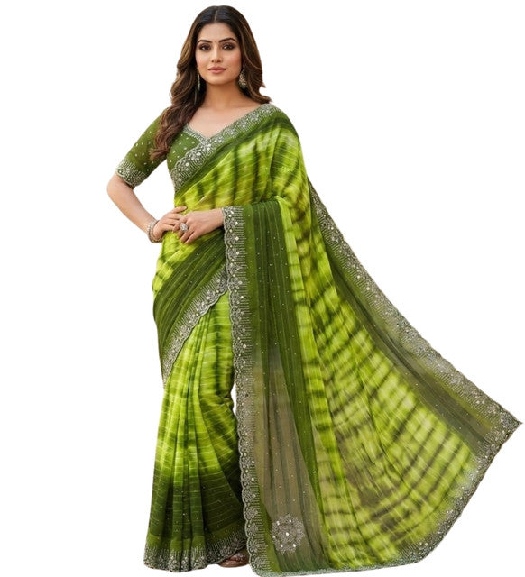 { "alt_text": "Mehendi georgette striped saree with unstitched blouse, 5.5Mtr ethnic wear, Indian fashion" }