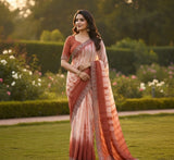 { "alt_text": "Peach georgette striped saree with unstitched blouse, 5.5m georgette ethnic wear for women" }
