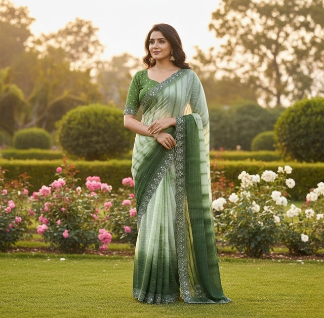 { "alt_text": "Green georgette saree with unstitched blouse, striped ethnic wear, 5.5 meter georgette fabric" }