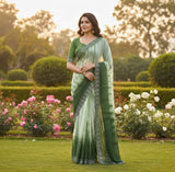 { "alt_text": "Green georgette saree with unstitched blouse, striped ethnic wear, 5.5 meter georgette fabric" }
