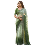 { "alt_text": "Green georgette saree with unstitched blouse, striped ethnic wear, 5.5 meter georgette fabric" }
