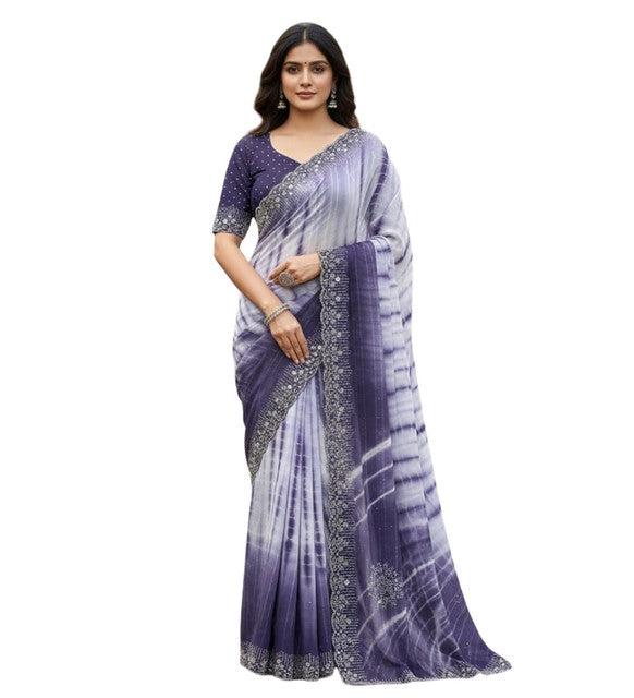{ "alt_text": "Purple georgette striped saree with unstitched blouse, 5.5m georgette ethnic wear for women" }