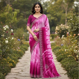 { "alt_text": "Pink georgette striped saree with unstitched blouse, 5.5m georgette ethnic wear for women" }