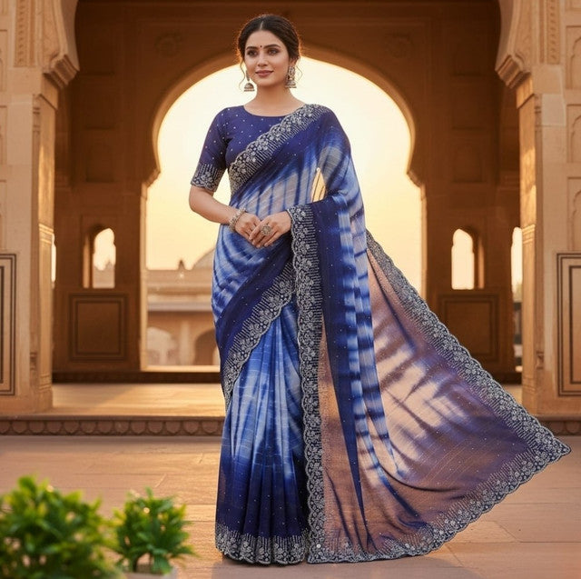 { "alt_text": "Navy blue georgette striped saree with unstitched blouse, 5.5 meter ethnic wear, Indian fashion" }
