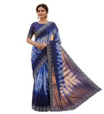 { "alt_text": "Navy blue georgette striped saree with unstitched blouse, 5.5 meter ethnic wear, Indian fashion" }