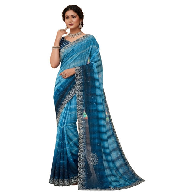 { "alt_text": "Blue georgette striped saree with unstitched blouse, 5.5 meter ethnic wear, Indian fashion" }