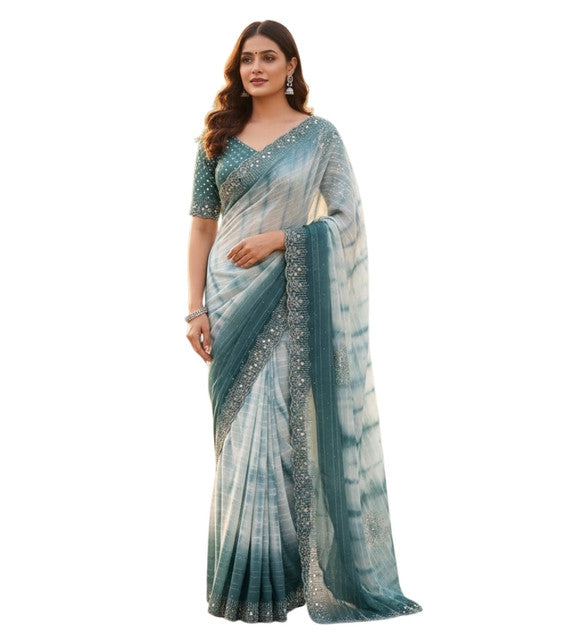 { "alt_text": "Ice blue georgette saree with unstitched blouse, striped ethnic wear, 5.5 meter georgette fabric" }