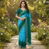 { "alt_text": "Turquoise georgette striped saree with unstitched blouse, 5.5m georgette ethnic wear for women" }