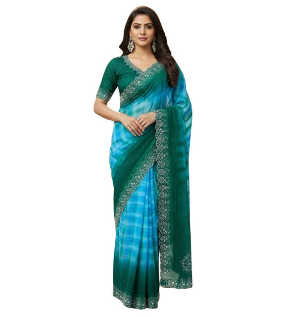 { "alt_text": "Turquoise georgette striped saree with unstitched blouse, 5.5m georgette ethnic wear for women" }