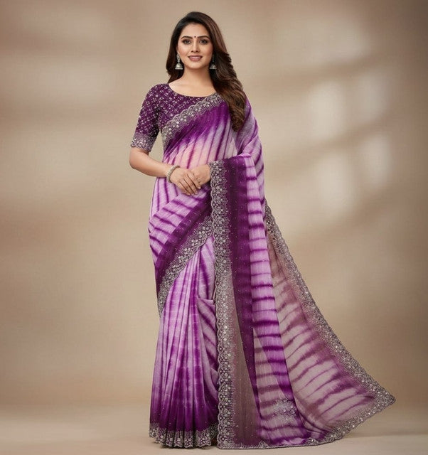 { "alt_text": "Wine georgette striped saree with unstitched blouse, 5.5m georgette ethnic wear for women" }