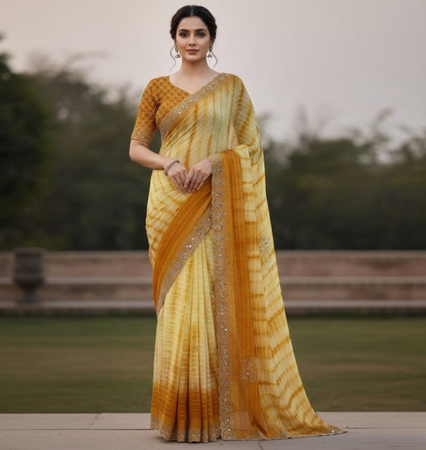 { "alt_text": "Yellow georgette striped saree with unstitched blouse, 5.5m georgette ethnic wear for women" }