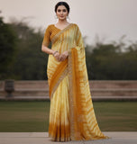 { "alt_text": "Yellow georgette striped saree with unstitched blouse, 5.5m georgette ethnic wear for women" }