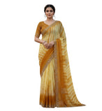 { "alt_text": "Yellow georgette striped saree with unstitched blouse, 5.5m georgette ethnic wear for women" }