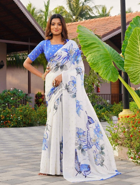 { "alt_text": "Off white-blue georgette saree with floral butterfly print, 5.5mtr women's ethnic wear, unstitched blouse" }