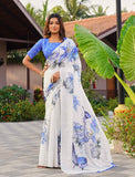 { "alt_text": "Off white-blue georgette saree with floral butterfly print, 5.5mtr women's ethnic wear, unstitched blouse" }