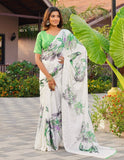 { "alt_text": "Off white-green georgette saree with floral butterfly print, 5.5m georgette ethnic wear for women" }
