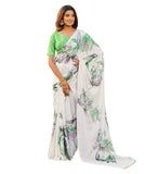 { "alt_text": "Off white-green georgette saree with floral butterfly print, 5.5m georgette ethnic wear for women" }