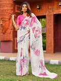 { "alt_text": "Off-white pink georgette saree with floral butterfly print, 5.5m georgette ethnic wear for women" }