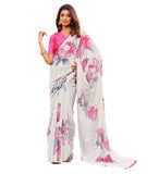 { "alt_text": "Off-white pink georgette saree with floral butterfly print, 5.5mtr ethnic wear, unstitched blouse" }