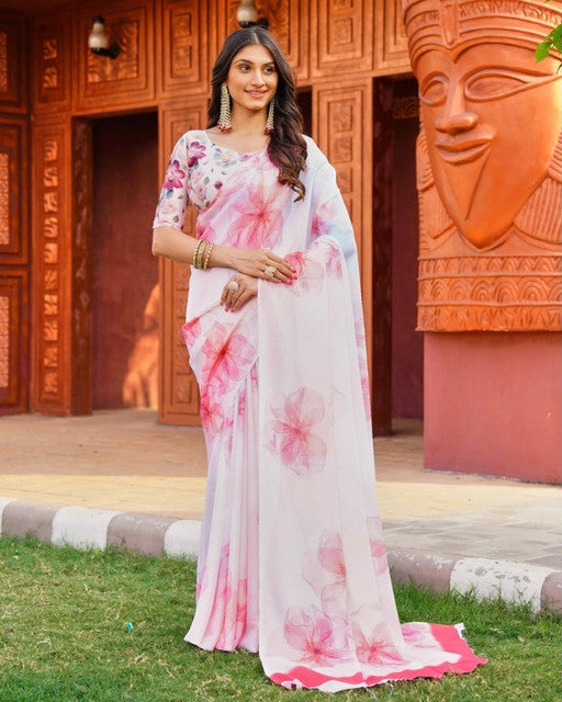 { "alt_text": "Off white-pink georgette saree floral printed women's ethnic wear, 5.5Mtr georgette saree with unstitched blouse" }