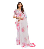 { "alt_text": "Off-white pink georgette saree with floral print, 5.5mtr women's ethnic wear, unstitched blouse" }