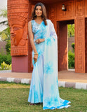 { "alt_text": "Off white georgette saree with floral print, 5.5Mtr women's ethnic wear, unstitched blouse" }