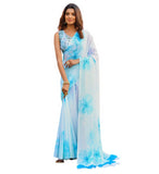 { "alt_text": "Off white georgette saree with floral print, 5.5Mtr women's ethnic wear, unstitched blouse" }