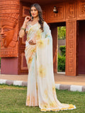 { "alt_text": "Off white-yellow georgette saree with floral print, 5.5Mtr women's ethnic wear, unstitched blouse" }