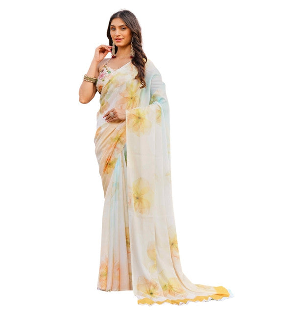 { "alt_text": "Off white-yellow georgette saree with floral print, 5.5Mtr women's ethnic wear, unstitched blouse" }