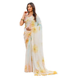 { "alt_text": "Off white-yellow georgette saree with floral print, 5.5Mtr women's ethnic wear, unstitched blouse" }