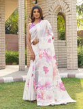 { "alt_text": "White-pink georgette saree floral printed women's ethnic wear, 5.5mtr unstitched blouse, Indian fashion" }