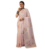 { "alt_text": "Cream georgette saree floral printed women's ethnic wear, 5.5m georgette saree with unstitched blouse" }