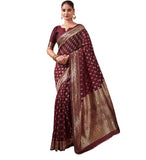 { "alt_text": "Maroon jacquard printed saree with unstitched blouse, 5.5m, ethnic wear, Indian traditional clothing" }