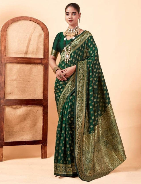{ "alt_text": "Bottle green jacquard printed saree with unstitched blouse, 5.5m, ethnic wear, Indian traditional clothing" }