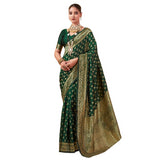 { "alt_text": "Bottle green jacquard printed saree with unstitched blouse, 5.5m, ethnic wear, Indian traditional clothing" }