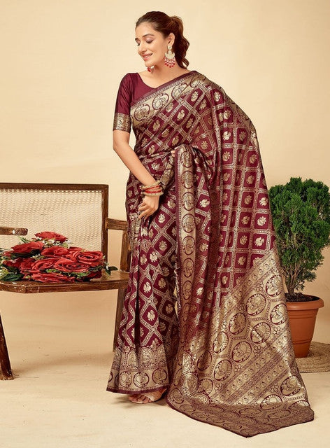 { "alt_text": "Maroon jacquard printed saree with unstitched blouse, 5.5m, ethnic wear, Indian traditional clothing" }