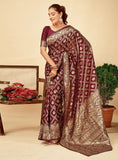 { "alt_text": "Maroon jacquard printed saree with unstitched blouse, 5.5m, ethnic wear, Indian traditional clothing" }