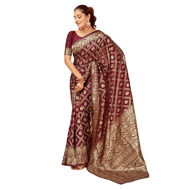 { "alt_text": "Maroon jacquard printed saree with unstitched blouse, 5.5m, ethnic wear, Indian traditional clothing" }