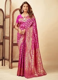 { "alt_text": "Pink jacquard printed saree with unstitched blouse, 5.5m, ethnic wear, Indian traditional clothing" }