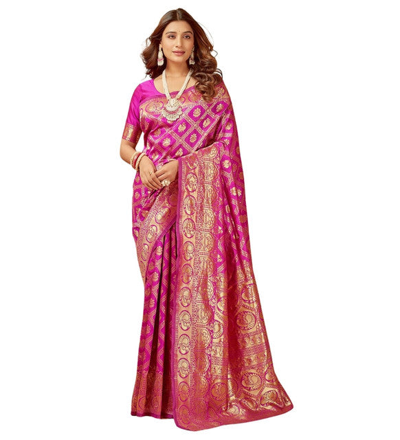 { "alt_text": "Pink jacquard printed saree with unstitched blouse, 5.5m, ethnic wear, Indian traditional clothing" }