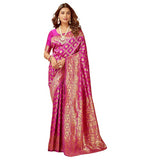 { "alt_text": "Pink jacquard printed saree with unstitched blouse, 5.5m, ethnic wear, Indian traditional clothing" }