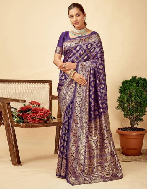 { "alt_text": "Purple jacquard printed saree with unstitched blouse, 5.5m, ethnic wear, Indian traditional clothing" }