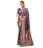{ "alt_text": "Purple jacquard printed saree with unstitched blouse, 5.5m, ethnic wear, Indian traditional clothing" }