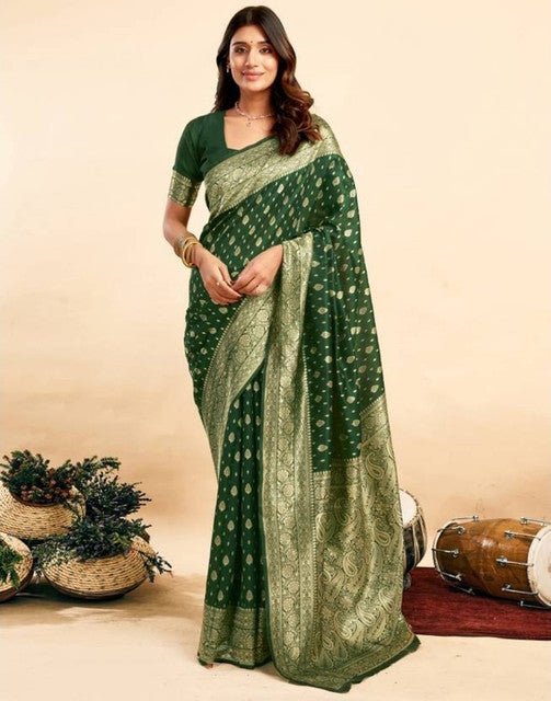 { "alt_text": "Bottle green jacquard printed saree with unstitched blouse, 5.5m, ethnic wear, Indian traditional clothing" }