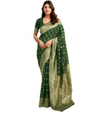 { "alt_text": "Bottle green jacquard printed saree with unstitched blouse, 5.5m, ethnic wear, Indian traditional clothing" }