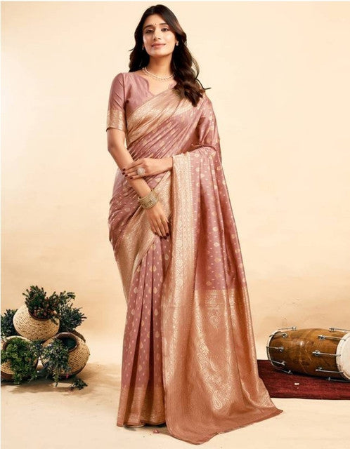 { "alt_text": "Peach jacquard printed saree with unstitched blouse, 5.5m, ethnic wear, Indian traditional clothing" }